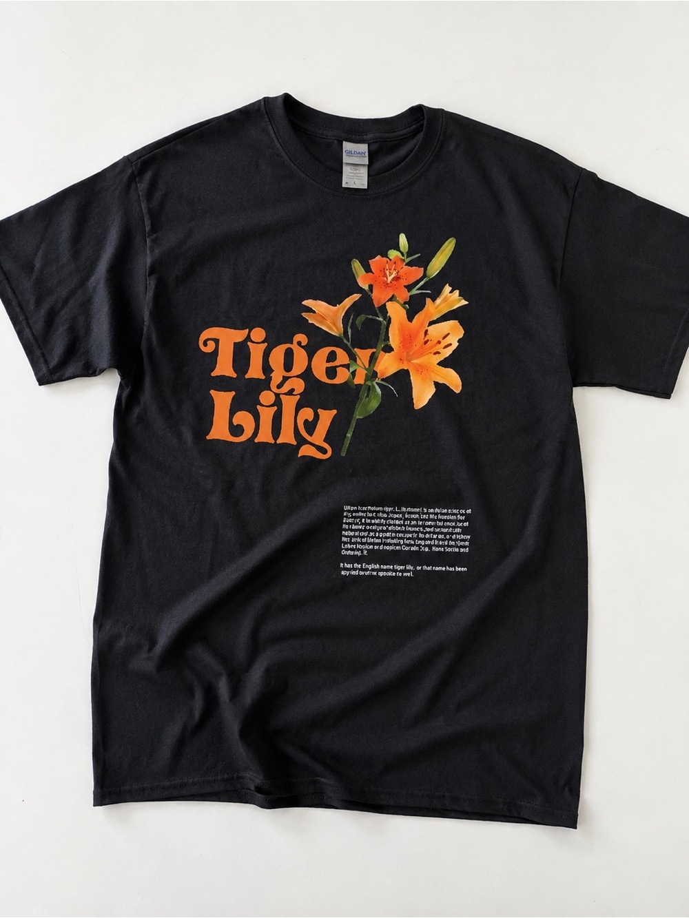 Gildan 5000 Black Tee with Orange Tiger Lily GraphicVintage Size L